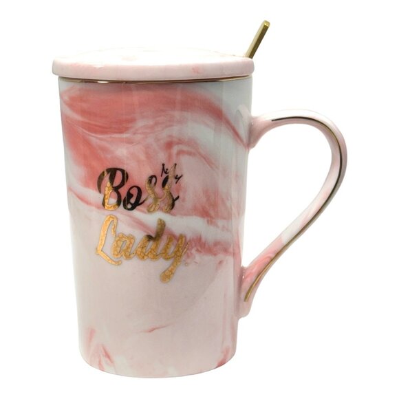 Boss Lady Pink Ceramic Coffee Mug W/Lid & Spoon New in Gift Box - Picture 2 of 11